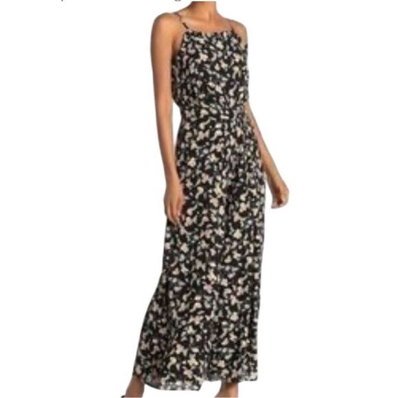CeCe Black and Floral Pattern Wide Leg Pantsuit with Spaghetti Straps 14 - Picture 1 of 11